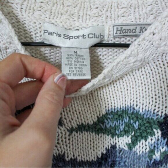 Vintage Hand Knit Long Sleeve Crew Neck Blue and Cream Floral Sweater Medium - Picture 6 of 8